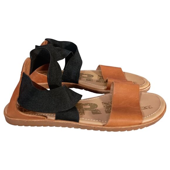 Sorel Ella II Sandals Black Brown Leather Elastic Strappy Flat Comfort 9 - Picture 2 of 9